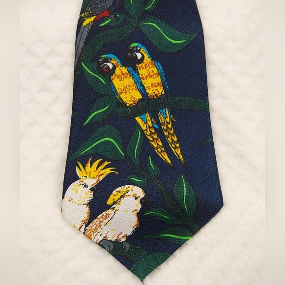 Men's Handmade Necktie by Renaissance Blue with Tropical Birds - Picture 3 of 8